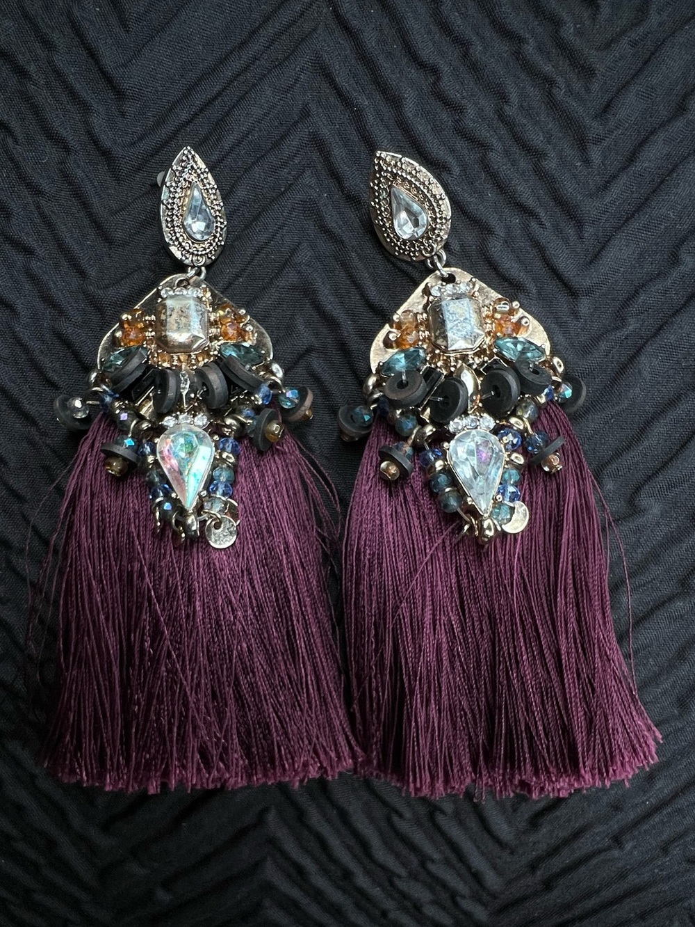 Statement Tassel Earrings in Deep Plum with Crystal Accents